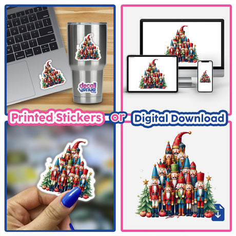 Nutcracker Dolls Pile Christmas Tree collage featuring stickers and digital art; includes decals on a cup and laptop, alongside toy soldiers, embodying Decal Venue's unique festive offerings.
