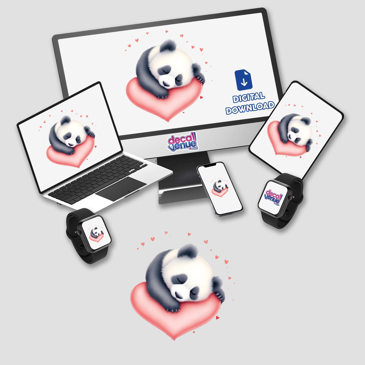 Sleeping Panda on a Heart design depicted on multiple electronic device screens, showcasing its versatility as a sticker and digital artwork, highlighting tranquility and charm.