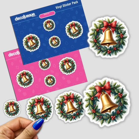 Christmas Bell in a Holiday Wreath sticker pack featuring gold bells with red bows and holly, perfect for festive decoration or digital artwork. Hand shown holding a sticker.