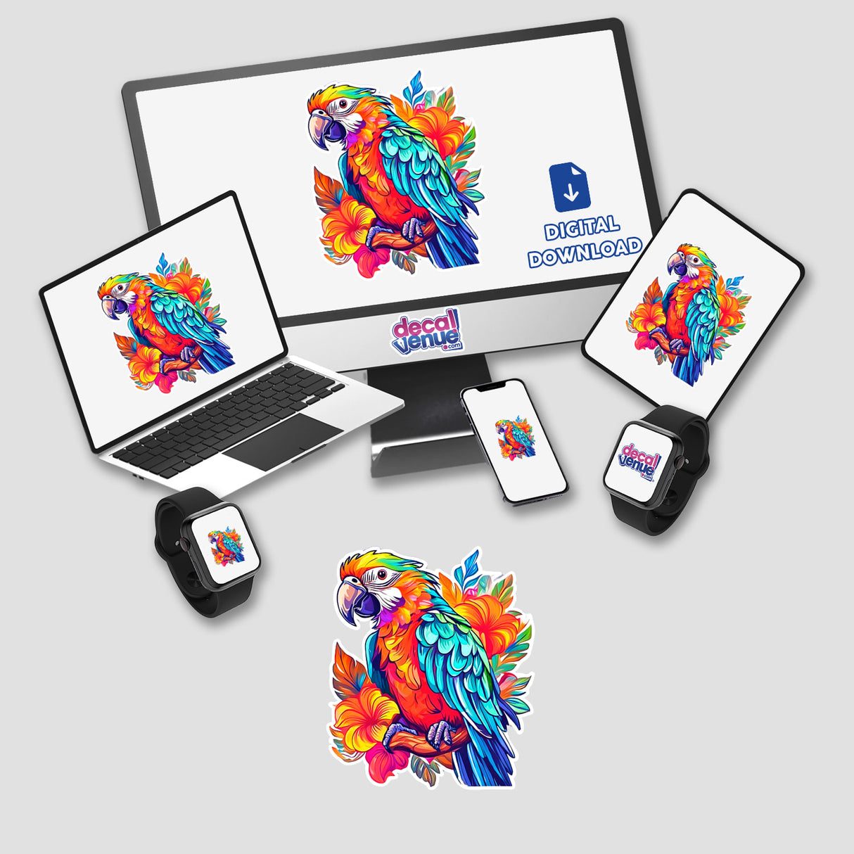 Parrot stickers adorning a computer monitor and laptop, showcasing vibrant parrot artwork available from Decal Venue.