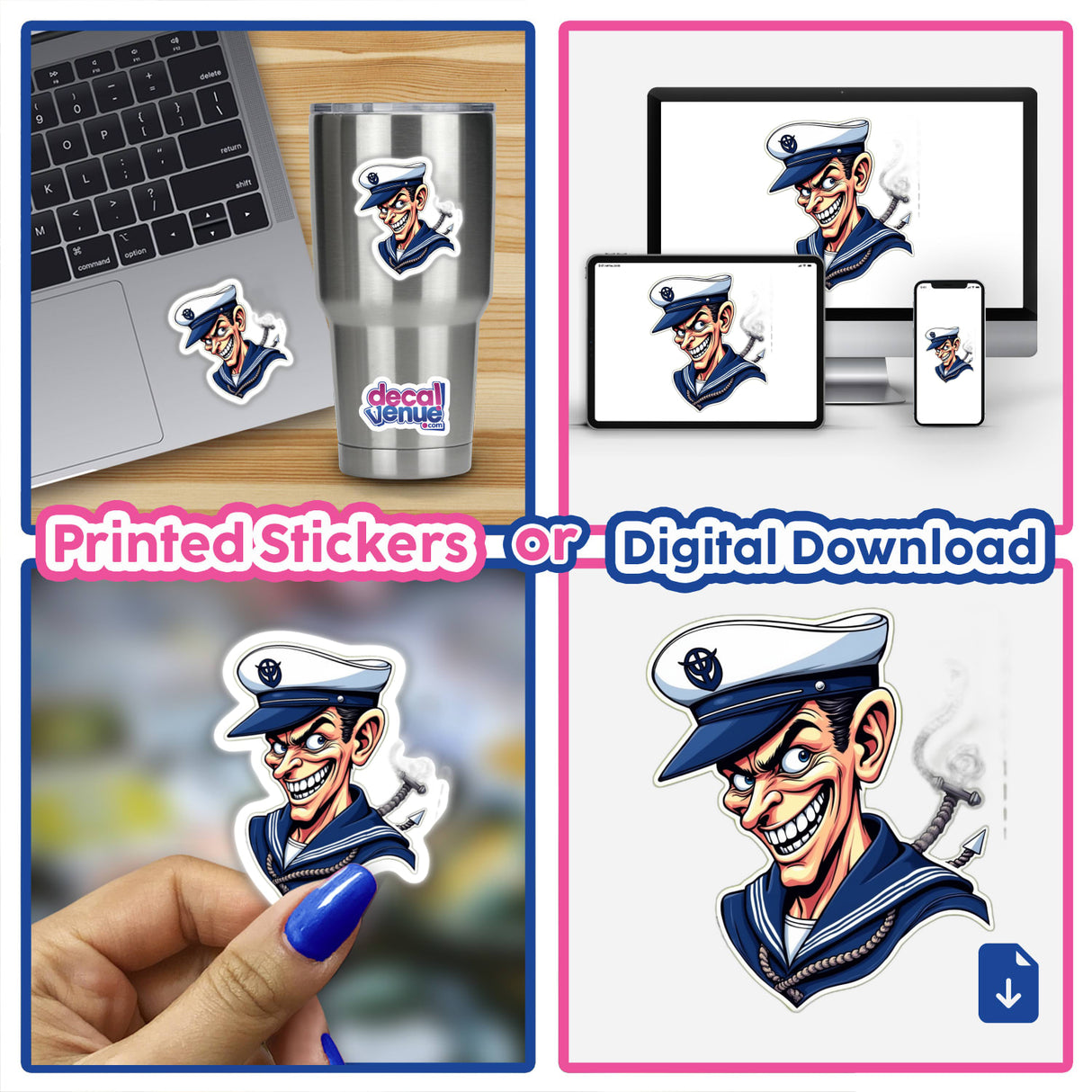 Marujo Sagaz sticker displayed on a laptop, featuring a cartoon sailor character. Available as stickers or digital artwork.