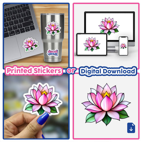 Collage featuring Water Lily Stained Glass Style stickers and digital artwork, showcasing various applications like on a laptop and cup, emphasizing Decal Venue's unique sticker and digital art offerings.