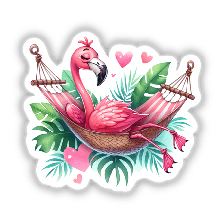 Flamingo Bird Lounging in Hammock: A whimsical illustration of a pink flamingo relaxing in a hammock, ideal as a vibrant sticker or digital art for decor enhancement.