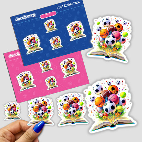 Vibrant Sports Ball Explosion Emerging from an Open Book: stickers depicting sports balls bursting dynamically from a book, capturing energy and excitement, ideal for sports enthusiasts and art lovers.