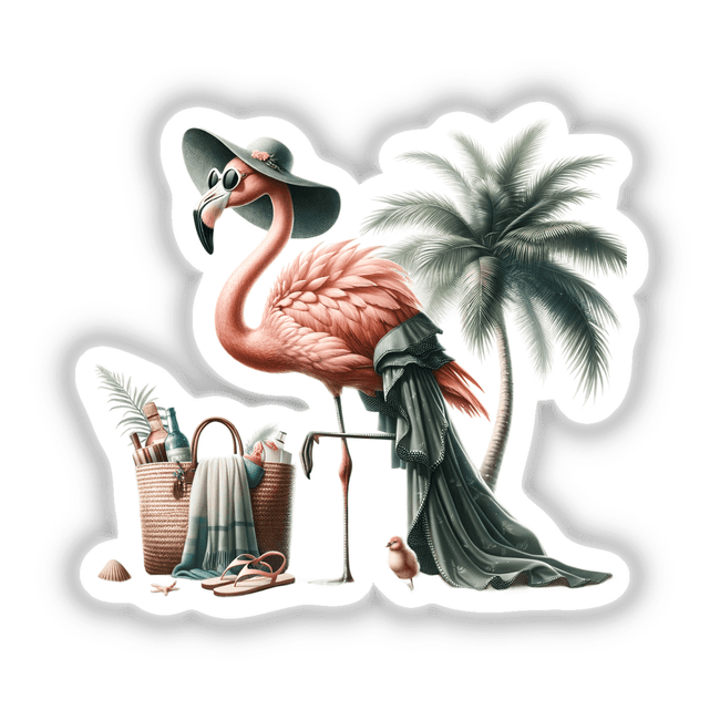Flamingo Beach Fashionista: An illustration of a flamingo wearing a hat and sunglasses, carrying a bag, surrounded by palm trees. Available as stickers or digital artwork.