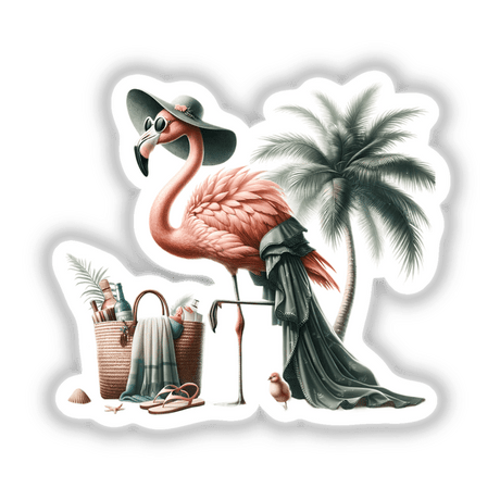 Flamingo Beach Fashionista: An illustration of a flamingo wearing a hat and sunglasses, carrying a bag, surrounded by palm trees. Available as stickers or digital artwork.
