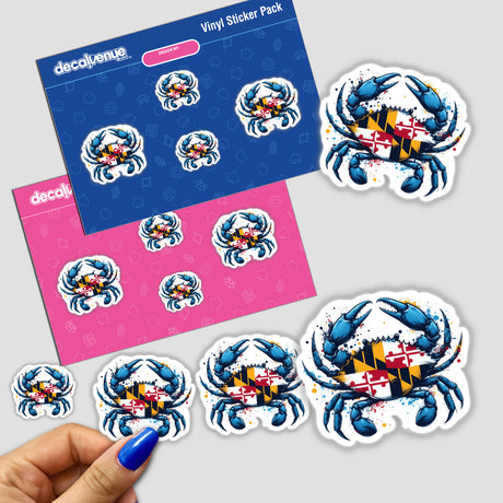 Maryland Flag Crab Splatter II sticker featuring a cartoon crab holding a flag, part of a unique sticker pack. Available as vinyl stickers or digital artwork.