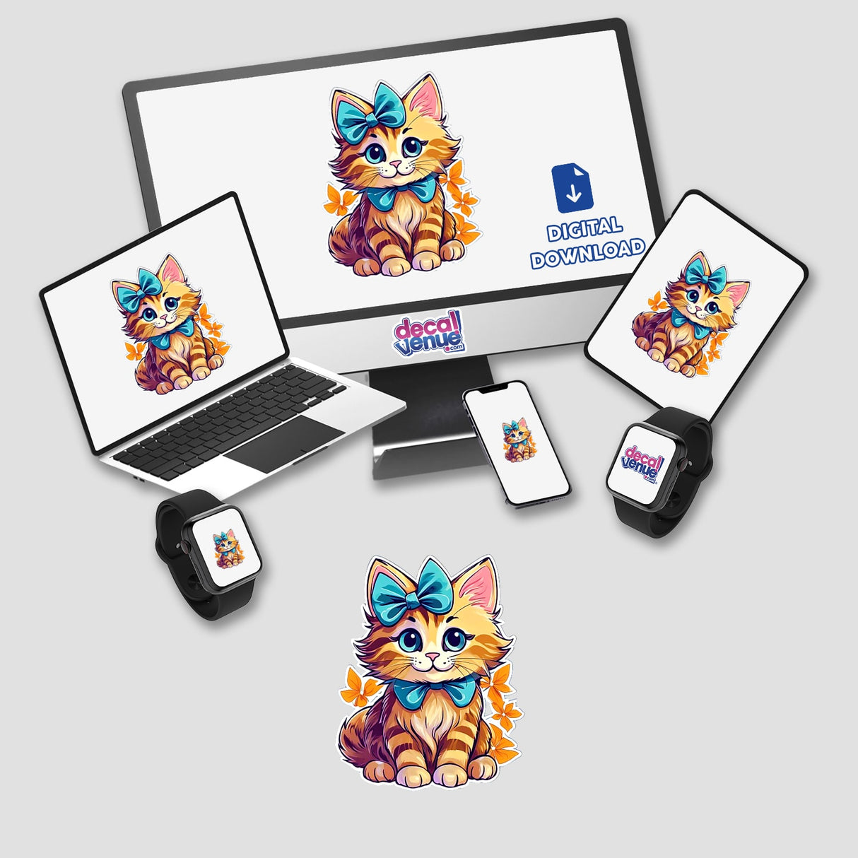 Kitten-themed digital artwork featuring a cartoon cat with a bow, displayed on various devices including a computer monitor, laptop, and smartwatch. Available as stickers or digital artwork.