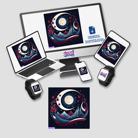 A collection of electronic devices displaying Moon-themed artwork, available as stickers or digital art, including a laptop, tablet, and cellphone.