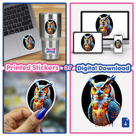 A collage featuring A Cool Hybrid Hawk Owl sticker and digital artwork, showcasing various close-ups and applications, including on a laptop, emphasizing its unique design from Decal Venue.
