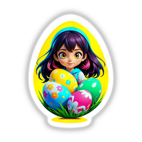 a little girl sitting in an egg shaped like an egg