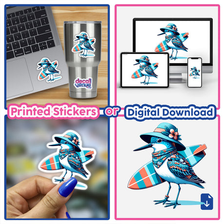 Sandpiper Bird Holding Surfboard in Summer Beach Hat