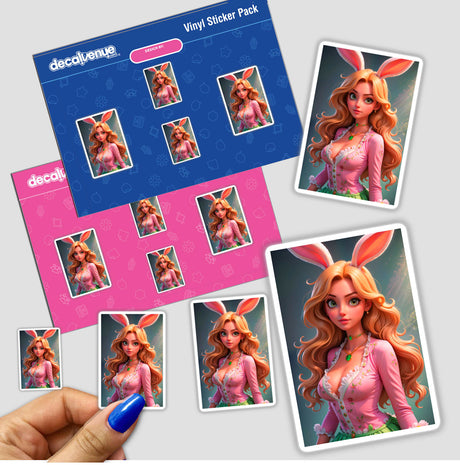 Hand holding a sticker pack featuring A Cute Easter Bunny Girl, showcasing cartoon characters of a woman with long hair and bunny ears, available as stickers or digital artwork.