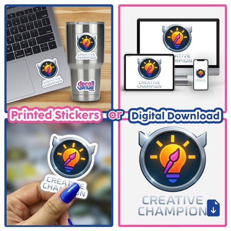 Creative Champion – RPG-Style Skill Badge featuring a silver innovation icon, available as stickers or digital artwork, showcasing intricate design elements typical of Decal Venue's unique vinyl offerings.