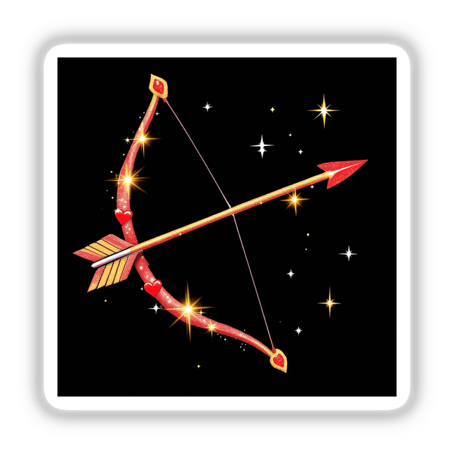 Cupid’s Bow and Arrow, depicted as a stylized red and gold bow with an arrow, available as stickers or digital artwork from Decal Venue, showcasing unique design elements for art enthusiasts.