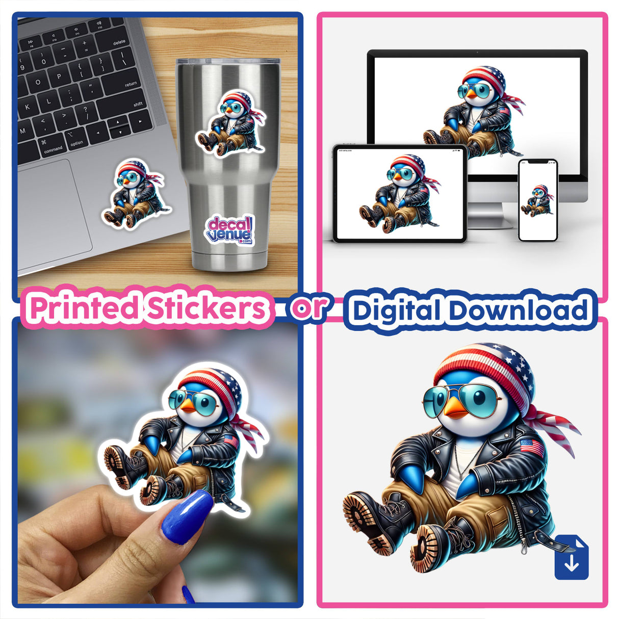Patriotic Leather Penguin Aviator Sunglasses: Collage featuring a computer, laptop, and various stickers, including penguins in aviator sunglasses and hats, perfect for unique digital artwork and sticker collections.
