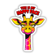 This Is My Happy Face Cute Grumpy Giraffe sticker features a cartoon giraffe with a whimsical expression, highlighted by pink and yellow spots. Available as unique vinyl stickers or digital artwork.