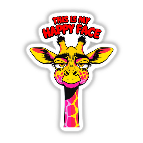 This Is My Happy Face Cute Grumpy Giraffe sticker features a cartoon giraffe with a whimsical expression, highlighted by pink and yellow spots. Available as unique vinyl stickers or digital artwork.