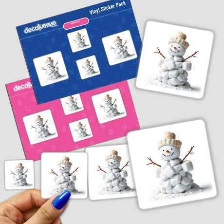 Marshmallow Snowman sticker pack featuring whimsical cartoon snowmen, available as stickers or digital artwork. Perfect for adding a playful touch to your collection from Decal Venue.