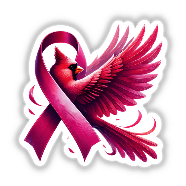 Cardinal Bird Pink Ribbon Breast Cancer graphic featuring a cartoon bird adorned with a pink ribbon, available as stickers or digital artwork.