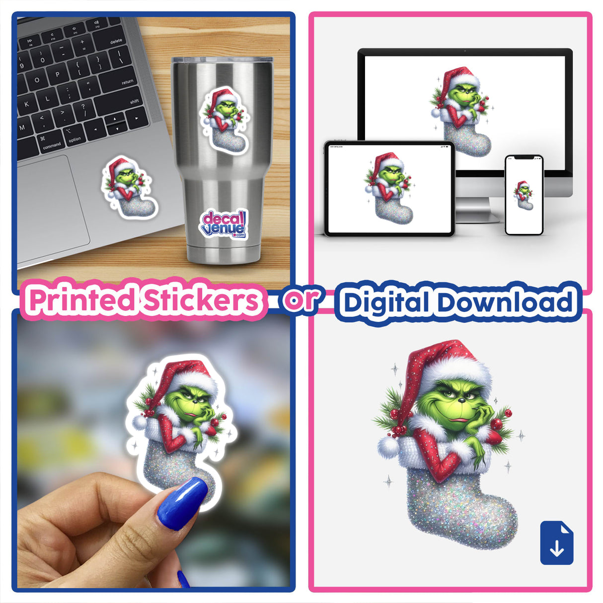 Green Grouch Santa in Sparkly Christmas Stocking featured as a collage, showcasing stickers and digital artwork options. Includes images of stickers on a laptop and being held up by a hand.