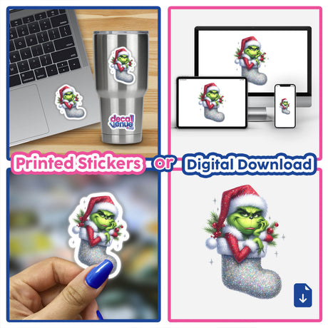 Green Grouch Santa in Sparkly Christmas Stocking featured as a collage, showcasing stickers and digital artwork options. Includes images of stickers on a laptop and being held up by a hand.