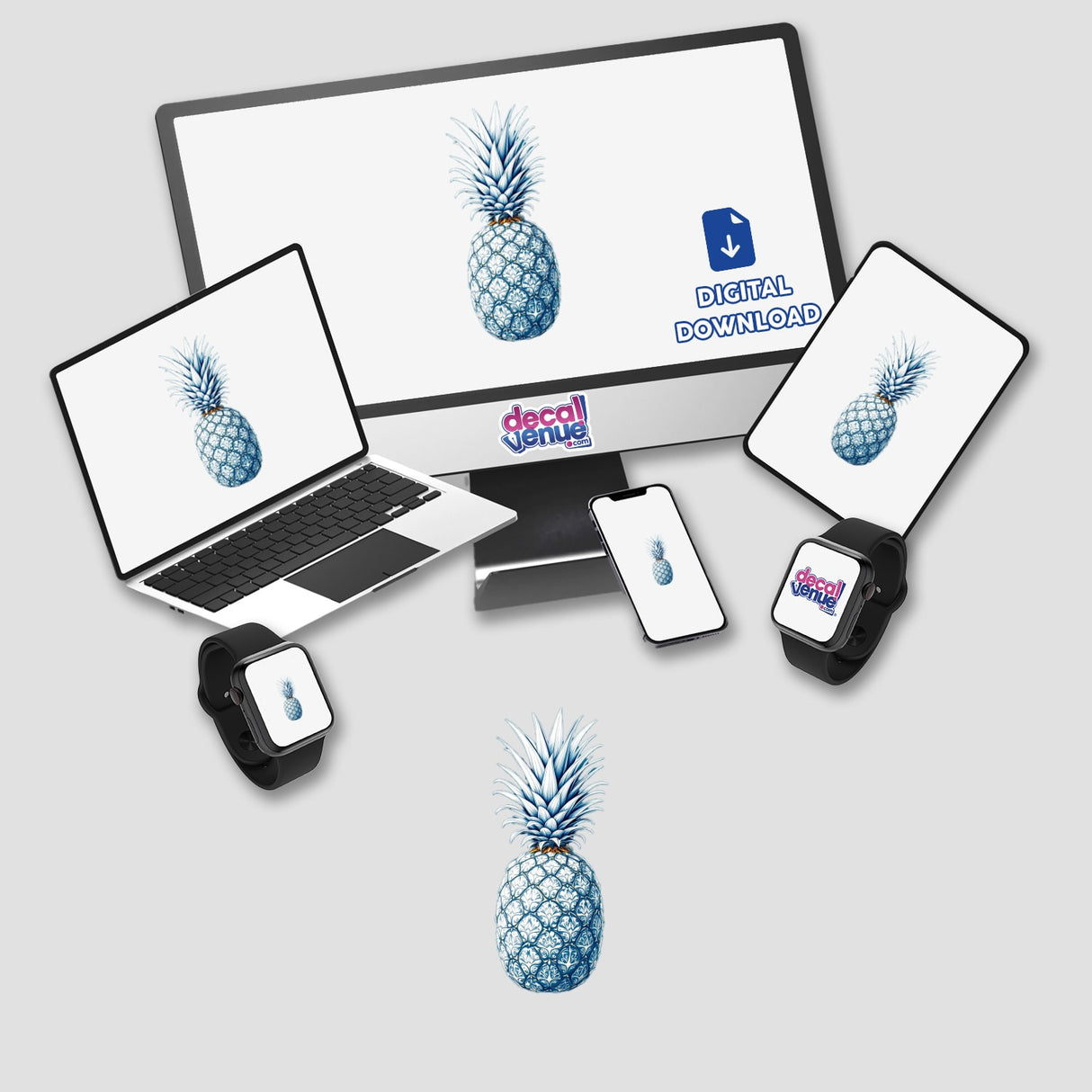 Chinoiserie Pineapple design displayed on a computer monitor, laptop, cellphone, and smartwatch, available as unique stickers or digital artwork, embodying Decal Venue's distinctive flair.