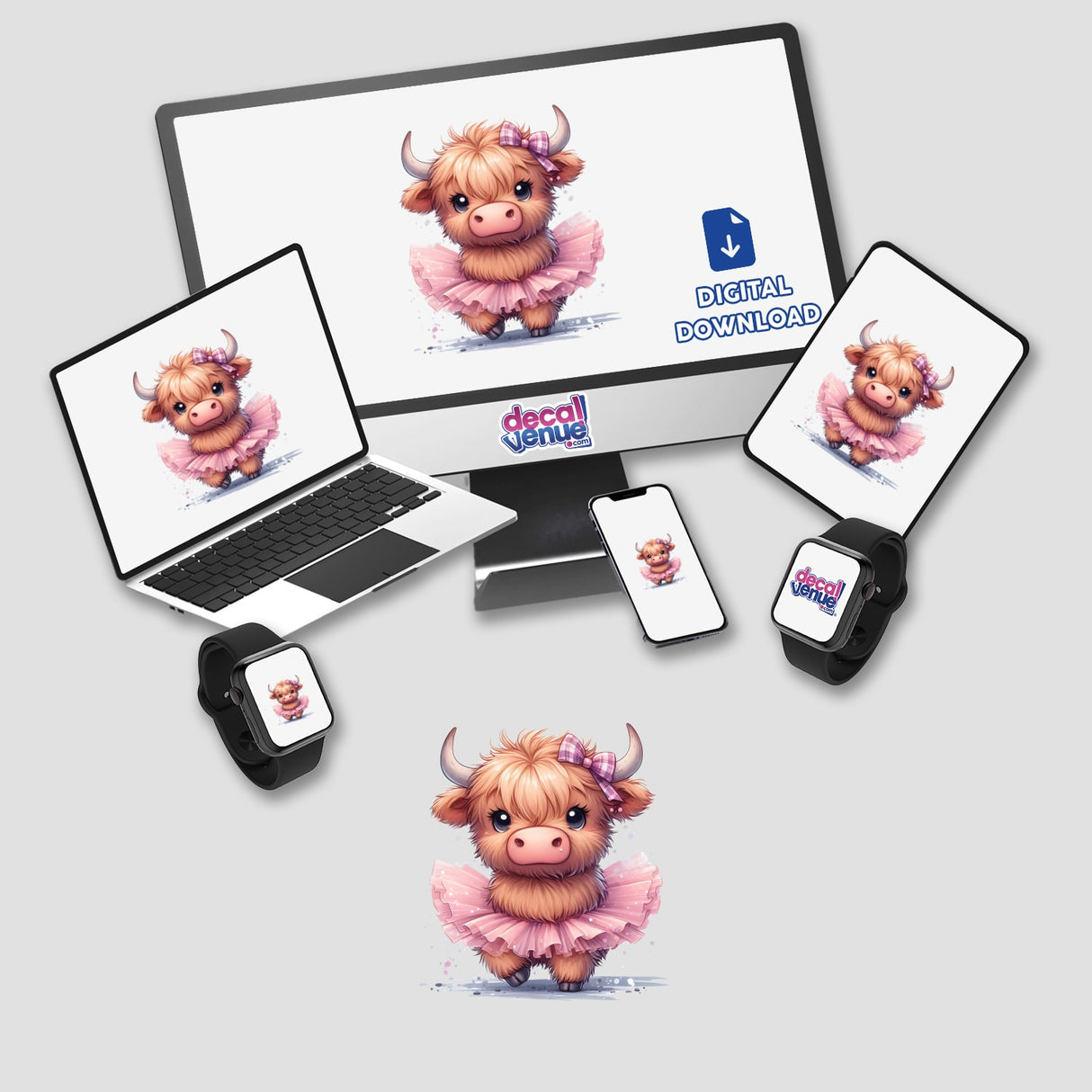 Adorable highland cow in tutu digital artwork by Ella Designz, featured on Decal Venue's products.