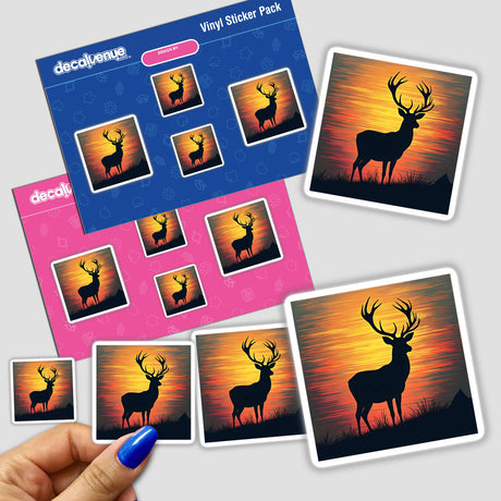 Sticker pack titled Deer Silhouette with Bold Horizontal Stripes held in hand, featuring various deer silhouette designs with antlers. Available as stickers or digital artwork.
