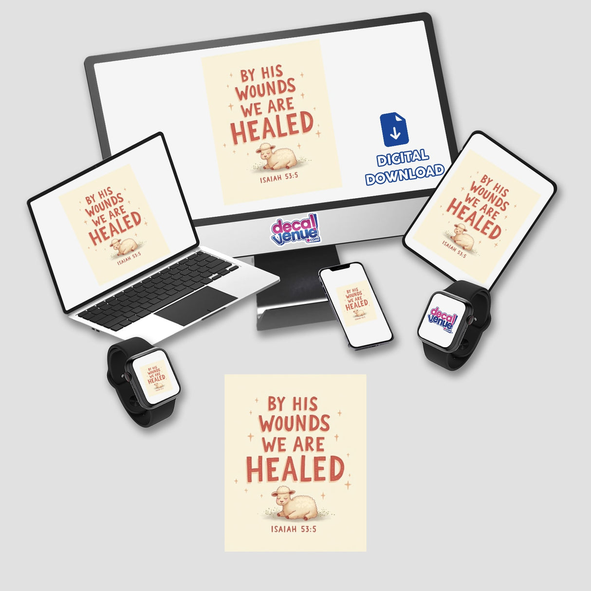 By His Wounds We Are Healed Sheep Christian Sticker, featuring a sheep image on a laptop screen, ideal for Resurrection Sunday. Available as unique vinyl stickers or digital artwork for commercial use.
