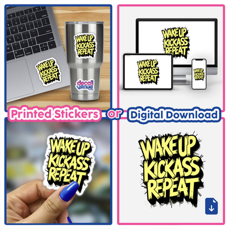 A laptop adorned with the Wake Up Kick Ass Repeat funny quote sticker, showcased with a hand holding a similar sticker, emphasizing its availability as both a vinyl decal and digital artwork.