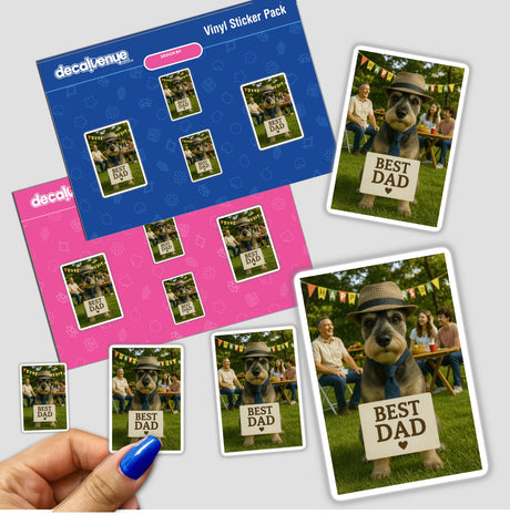 Best Dad Schnauzer – Father's Day Dog at Family Party Scene featuring a schnauzer in a tie, surrounded by people, available as vinyl stickers or digital artwork from Decal Venue.