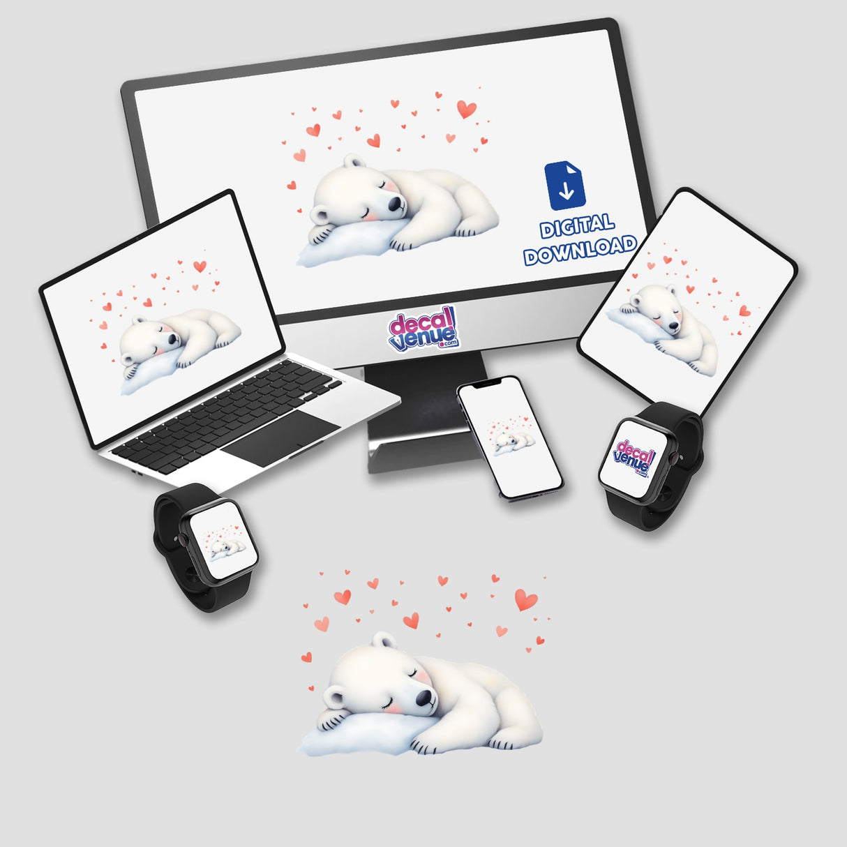 Watercolor Sleeping Polar Bear with Hearts displayed on various screens, featuring a serene polar bear illustration surrounded by hearts, highlighting the charming digital art available from Decal Venue.