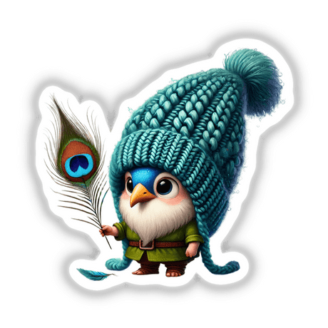 Peacock Gnome with Feather: Cartoon bird holding a peacock feather, available as stickers or digital artwork from Decal Venue.