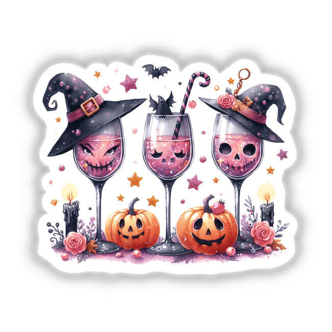 Halloween Witchy Wine Glasses featuring pumpkins, skulls, and candles, available as stickers or digital artwork from Decal Venue.