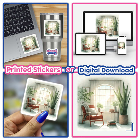 Collage of Quiet Reading Nook - Cozy Boho Watercolor Interior featuring a laptop, houseplants, a chair with a blanket, and a close-up of a hand holding artwork. Available as stickers or digital art.
