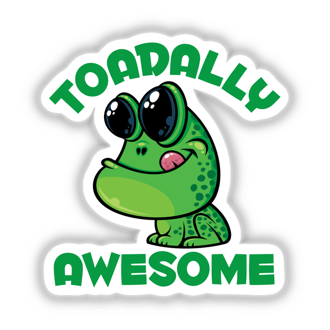 Toadally Awesome Happy Cartoon Toad illustration featuring a green frog with big eyes, available as stickers or digital artwork from Decal Venue.