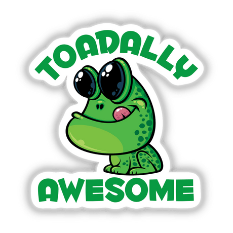 Toadally Awesome Happy Cartoon Toad illustration featuring a green frog with big eyes, available as stickers or digital artwork from Decal Venue.