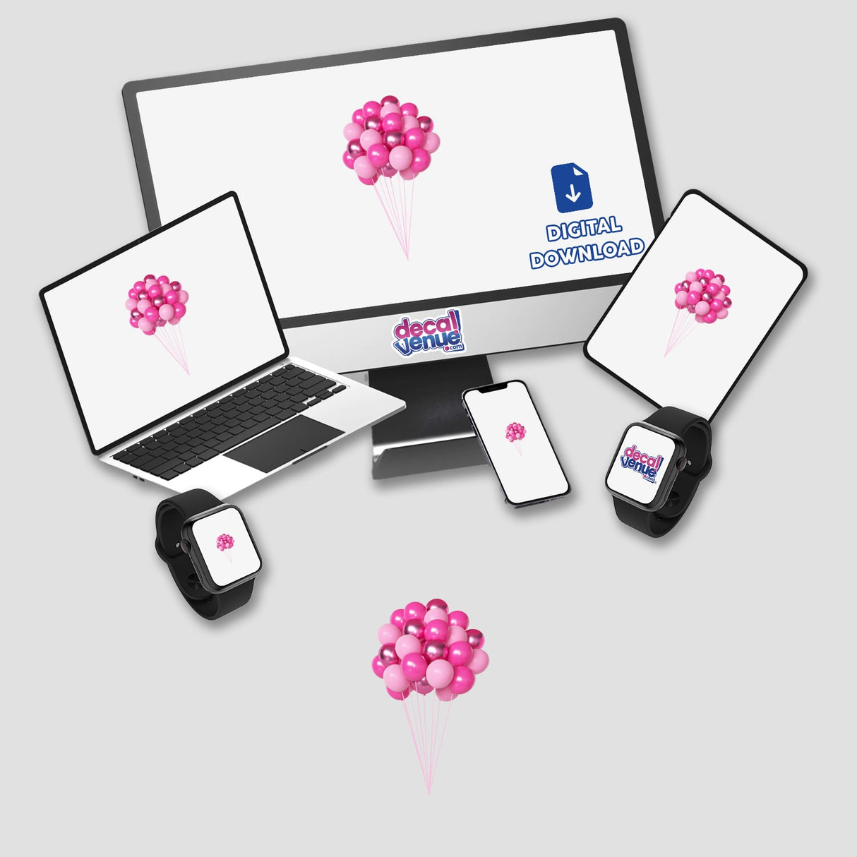 Pink helium balloons, digital artwork for purchase on Decal Venue's e-commerce platform featuring unique stickers and designs.