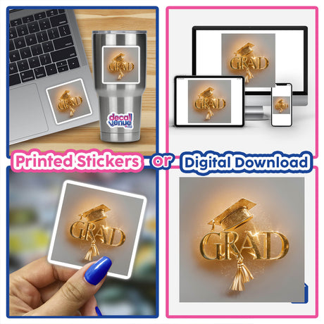 Gold Grad Graduation Cap: Digital artwork featuring a golden graduation cap design, available as printed stickers or a digital download.
