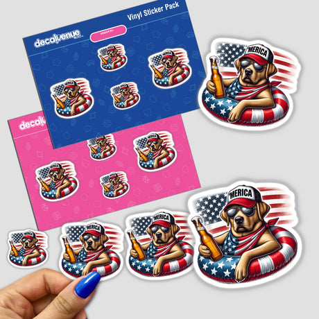 Hand holding a Labrador Retriever American Flag Float Merica sticker depicting a dog wearing a hat and sunglasses, holding a beer.