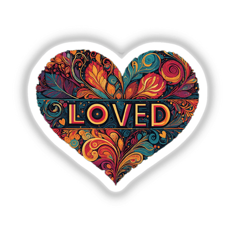 Colorful heart-shaped digital artwork with the word "LOVED" in the center, surrounded by intricate floral and swirling patterns in vibrant shades of red, orange, and turquoise. This digital art sticker is a unique and visually striking design.