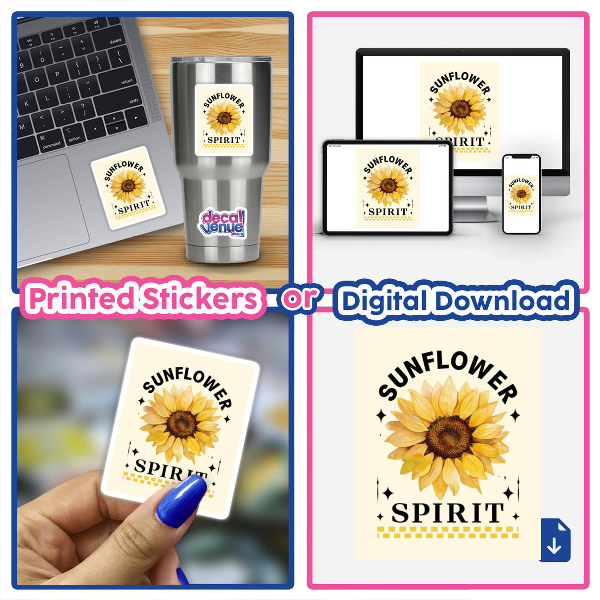 Sunflower Spirit Sticker or Clipart with Commercial Rights features a vibrant sunflower design, ideal for laptops and digital artwork, reflecting Decal Venue's unique vinyl stickers and digital art collection.