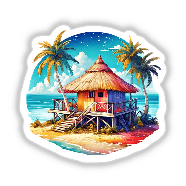 Colorful beach hut on stilts surrounded by palm trees on a tropical paradise beach with turquoise water, blue sky, and fluffy clouds