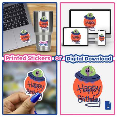 Collage featuring a laptop with a Happy Birthday with UFO and Alien sticker, a finger with blue nail polish, and a computer screen displaying a cartoon alien in a hat.