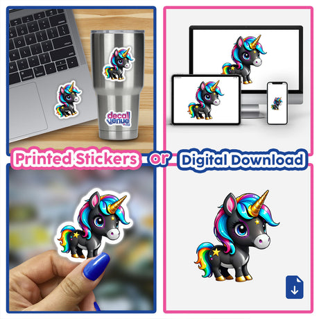 Collage featuring the Cute And Magical Pony Unicorn in various cartoon styles, highlighting its availability as whimsical stickers or digital artwork, ideal for decorating laptops, cups, and more.