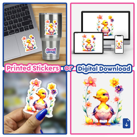 A collage featuring A Cute Baby Duck With Blooming Flowers as stickers or digital artwork, showcasing cartoon ducks and floral designs, ideal for personalizing laptops or cups.