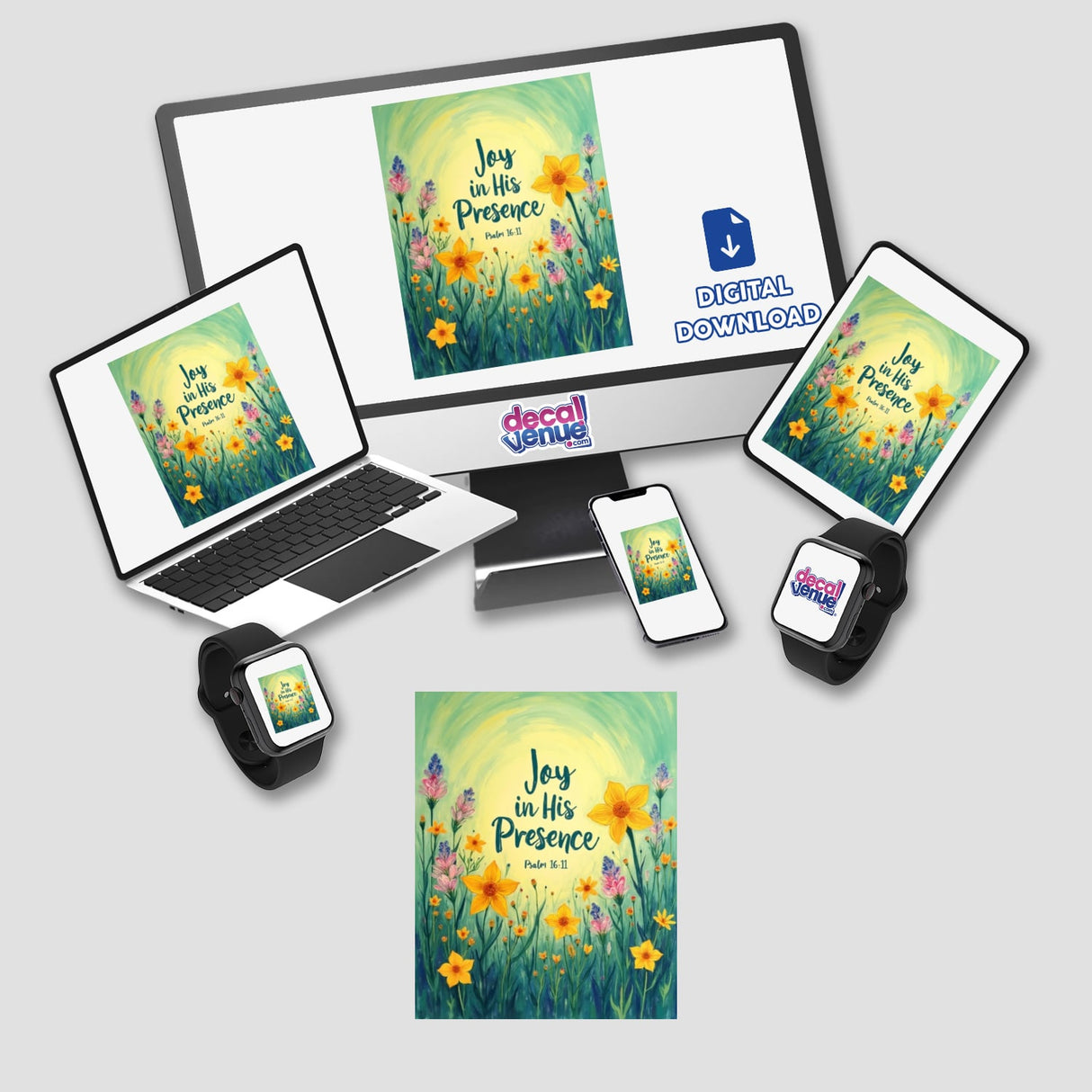 Fauvist Spring Primrose “Joy in His Presence” Psalm 16:11 Sticker or Clipart featuring vibrant floral artwork displayed on a laptop screen, emphasizing its digital and sticker format with commercial rights.
