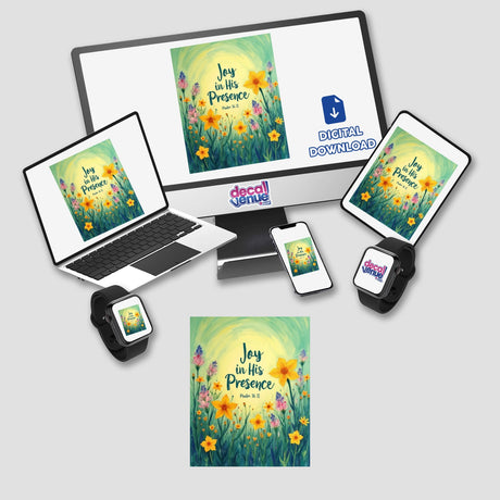 Fauvist Spring Primrose “Joy in His Presence” Psalm 16:11 Sticker or Clipart featuring vibrant floral artwork displayed on a laptop screen, emphasizing its digital and sticker format with commercial rights.
