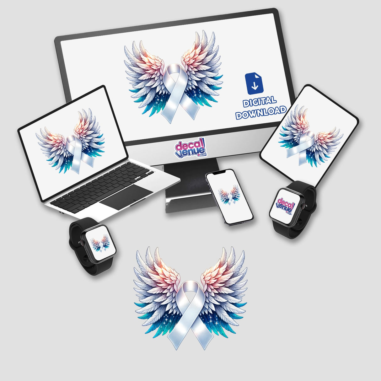 White Awareness Ribbon with Wings depicted on a computer monitor and laptop, available as stickers or digital artwork, embodying Decal Venue's unique vinyl sticker and digital art collection.